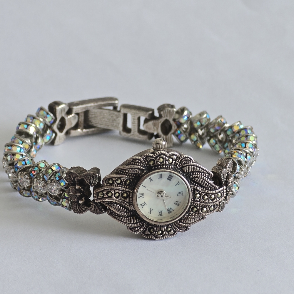 925 Sterling Silver Women Wrist Watch With Marcasite